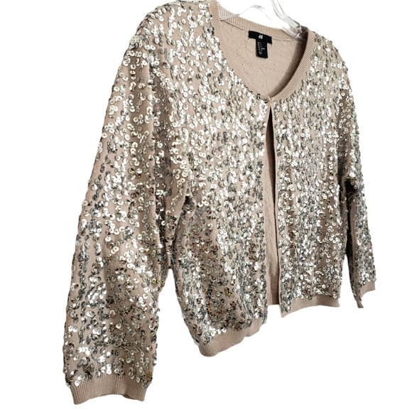 H&M Beige & Silver Sequin Knit 3/4 Sleeve Cropped Retro Inspired ♥ Cardi… - Picture 7 of 15